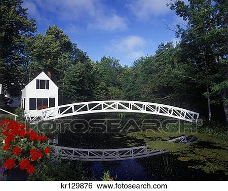 Stock Photograph - Somesville Mount Desert Island Me The Selectmens Building And Thaddeus Shepley Somes Memorial Bridge . Fotosearch