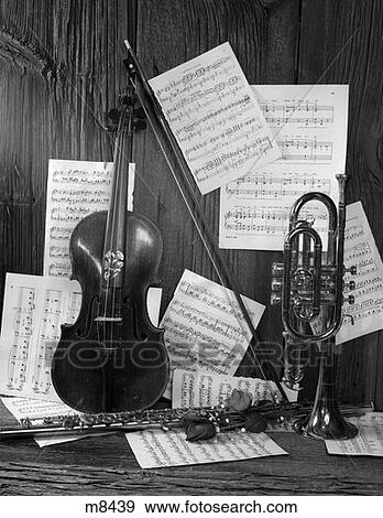 Still Life Of Violin Flute Trumpet & Roses On Background Of Wood & Sheet Music View Large Photo Image Stock Photo - Still Life Of Violin Flute Trumpet & Roses On Background Of Wood & Sheet Music . Fotosearch