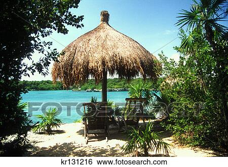 Stock Photograph - Thatched Umbrella On Beach Xelha Ecological Park Riviera Maya, Mexico. Fotosearch