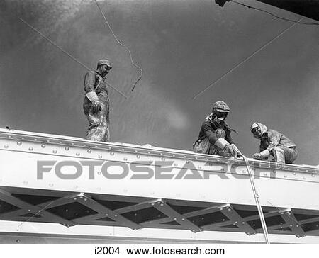 Picture - Three Men Steel Workers On Triborough Bridge New York City . Fotosearch