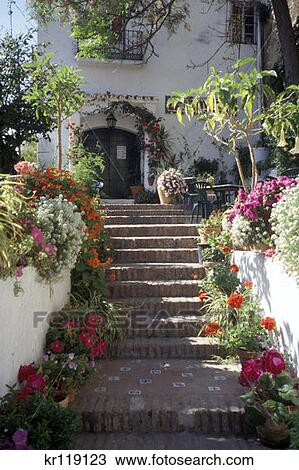 Stock Image - Torremolinos, Spain Costa Del Sol Flower Pots On Steps. Fotosearch