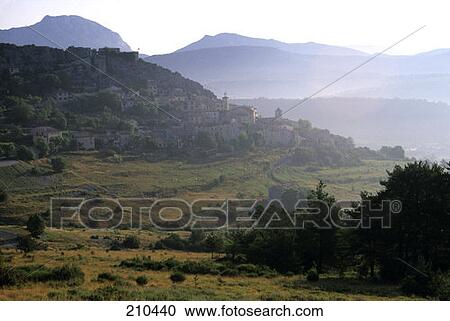 Stock Image - Trigance Var Francevillage In Early Morning Mist . Fotosearch