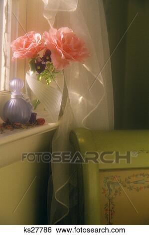 Two Pink Rose Blossom And Pansy Flowers In A Glass Vase On A Window Sill Soft Nostalgia Mood Sheer White Curtain View Large Photo Image Stock Photograph - Two Pink Rose Blossom And Pansy Flowers In A Glass Vase On A Window Sill Soft Nostalgia Mood Sheer White Curtain. Fotosearch