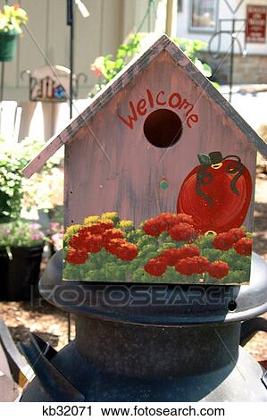 Wooden Birdhouse Painted With Garden Scene View Large Photo Image Stock Image - Wooden Birdhouse Painted With Garden Scene . Fotosearch