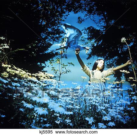 Young Girl Garden Field Flowers Hippies Flower Child Bird Blue 1970 1970S Retro View Large Photo Image Stock Photography - Young Girl Garden Field Flowers Hippies Flower Child Bird Blue 1970 1970S Retro . Fotosearch