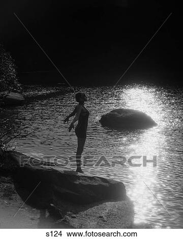 Picture - 1920 1920S Woman In Bathing Suit Standing On A Rock Near Water . Fotosearch