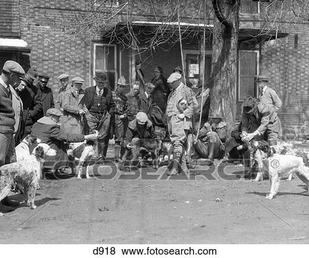 1920S 1930S Hunting Dogs With Trainers Assembled For Field Trials In Front Of Brick Building View Large Photo Image Stock Photo - 1920S 1930S Hunting Dogs With Trainers Assembled For Field Trials In Front Of Brick Building . Fotosearch