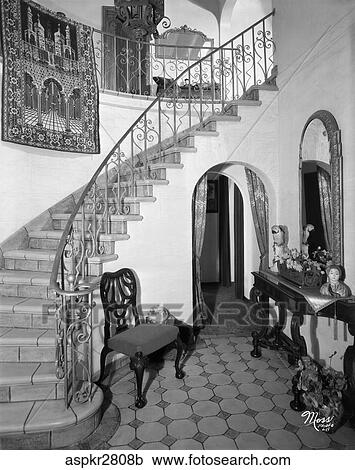 1920s Interior Staircase Wrought Iron Railing Stock Image