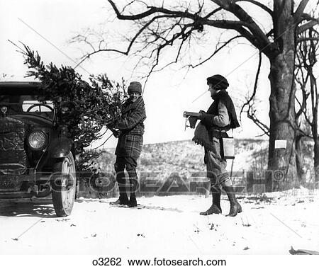 1920S Man Loading Christmas Tree Into Car With Woman Holding Camera Watching Him View Large Photo Image Stock Image - 1920S Man Loading Christmas Tree Into Car With Woman Holding Camera Watching Him . Fotosearch