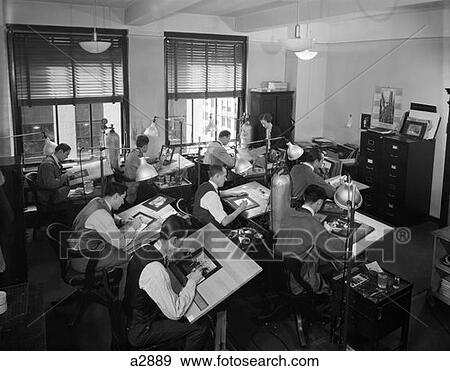 Stock Photo - 1930 1930S Commercial Artists At Work In Studio On Drafting Tables . Fotosearch