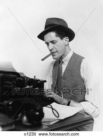 Stock Photography - 1930 1930S Man In Hat Typing With Cigar. Fotosearch