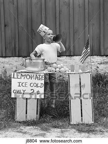Picture - 1930S 1940S Boy Lemonade Stand Shouting Megaphone Selling Summer Retro . Fotosearch