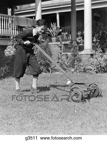 1930S 1940S Boy Pushing Lawn Mower Wear Knickers Cutting The Grass Chore Summer Job Yard Work View Large Photo Image Stock Image - 1930S 1940S Boy Pushing Lawn Mower Wear Knickers Cutting The Grass Chore Summer Job Yard Work . Fotosearch