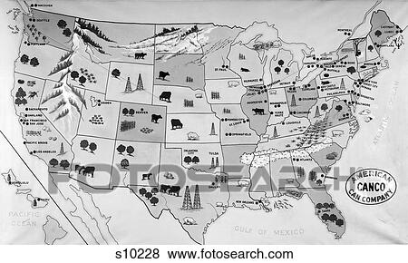 Stock Photo - 1930S 1940S Map Of United States Showing Agricultural And Industrial Resources. Fotosearch