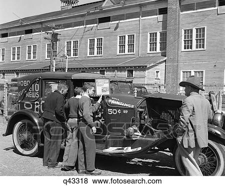 Stock Photo - 1930S 1940S Mineola New York Three Boys Shopping Mobile Traveling Artist Selling Oil Paintings Hobo News Traveling Sales Artist. Fotosearch