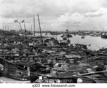 Stock Image - 1930S Busy Harbor On Pearl River Canton China Crowded With Many Sampans Boats . Fotosearch
