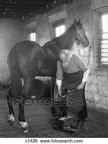 1930S Elderly Bearded Blacksmith Holding Horse'S Hoof Between Legs & Hammer In Other Hand View Large Photo Image Stock Photograph - 1930S Elderly Bearded Blacksmith Holding Horse'S Hoof Between Legs & Hammer In Other Hand . Fotosearch