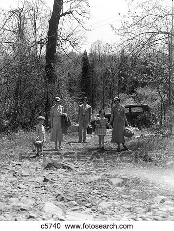 1930S Family Walking Away From Car Parked In Woods Carrying Picnic Baskets & Thermos Jugs View Large Photo Image Stock Image - 1930S Family Walking Away From Car Parked In Woods Carrying Picnic Baskets & Thermos Jugs . Fotosearch