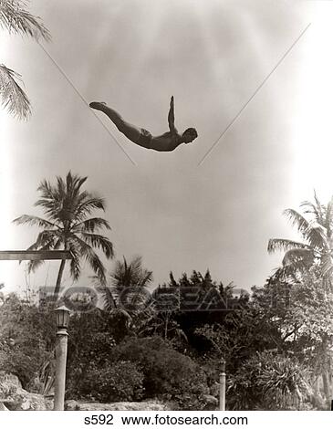 1930S Man Poised Midair Arms Out Jumping From Diving Board Into Pool Dive Palm Tree Tropical Coral Gables Florida View Large Photo Image Stock Image - 1930S Man Poised Midair Arms Out Jumping From Diving Board Into Pool Dive Palm Tree Tropical Coral Gables Florida. Fotosearch