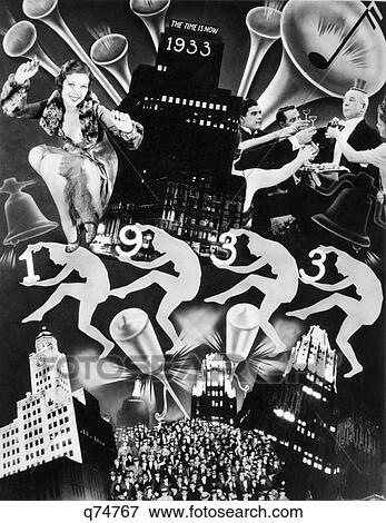 Stock Photo - 1930S Montage Of Happy New Year 1933 Depression Art Deco Collage New Years Retro. Fotosearch