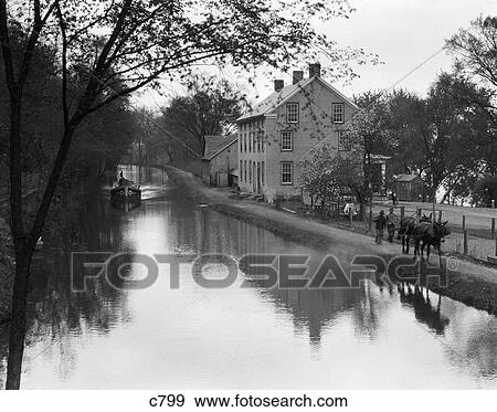 Stock Photo - 1930S Mules Dragging Boat Down Lehigh Navigation Canal In New Hope Penna. . Fotosearch
