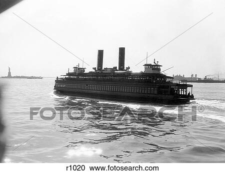 1930S New York City Harbor Ferry Boat With Two Stacks View 3 4 From The Stern Statue Of Liberty On Horizon View Large Photo Image Stock Image - 1930S New York City Harbor Ferry Boat With Two Stacks View 3 4 From The Stern Statue Of Liberty On Horizon . Fotosearch