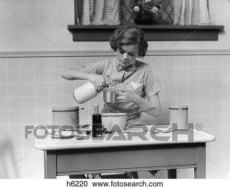 1930S Teenage Girl In Kitchen Pouring Milk In Measuring Cup For Baking View Large Photo Image Stock Image - 1930S Teenage Girl In Kitchen Pouring Milk In Measuring Cup For Baking. Fotosearch