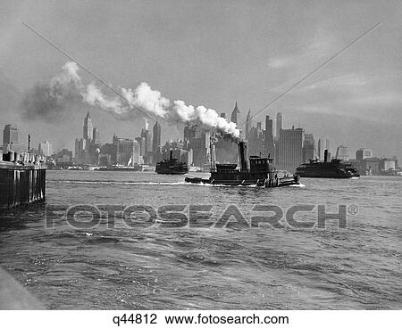 1933 1930S Retro Tug Boat Steam River Skyline Manhattan Island Ferry View Large Photo Image Stock Image - 1933 1930S Retro Tug Boat Steam River Skyline Manhattan Island Ferry. Fotosearch