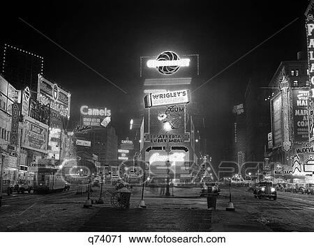 1935, nyc, zeiten quadrat, angezündet, nacht, broadway's, großer weißer