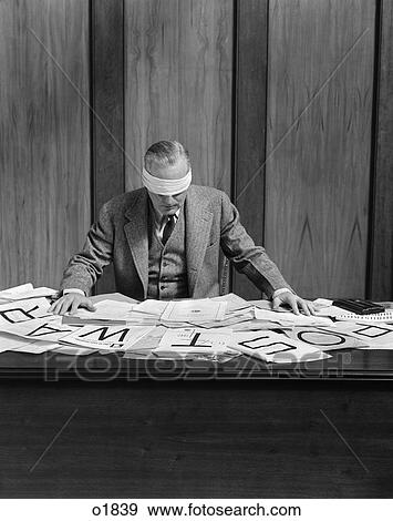1940 1940S Blindfolded Man In Office Post War Sign On Desk View Large Photo Image Stock Photo - 1940 1940S Blindfolded Man In Office Post War Sign On Desk . Fotosearch