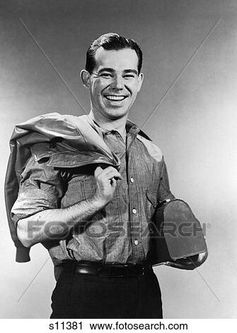 1940 1940S Man In Work Uniform Holding Lunch Box And Jacket View Large Photo Image Stock Image - 1940 1940S Man In Work Uniform Holding Lunch Box And Jacket . Fotosearch