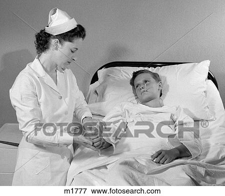 1940 1940S Retro Child Boy Nurse Sick Pulse Bed Hospital View Large Photo Image Stock Photo - 1940 1940S Retro Child Boy Nurse Sick Pulse Bed Hospital . Fotosearch