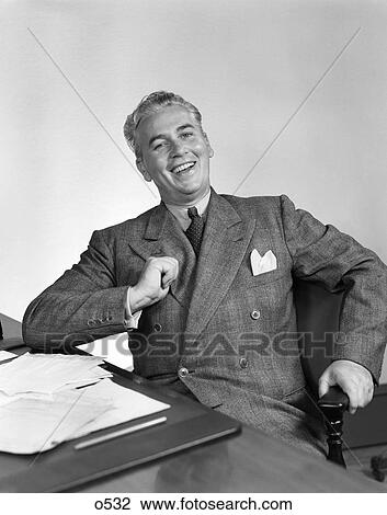 1940 1940S Retro Man Desk Happt Smile Suit Confidence View Large Photo Image Stock Image - 1940 1940S Retro Man Desk Happt Smile Suit Confidence . Fotosearch