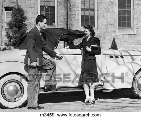 1940 1940S Retro Man Woman Car Books Students Date View Large Photo Image Stock Photo - 1940 1940S Retro Man Woman Car Books Students Date . Fotosearch