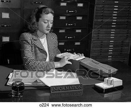 1940 1940S Retro Woman Information Secretary Receptionist File View Large Photo Image Picture - 1940 1940S Retro Woman Information Secretary Receptionist File . Fotosearch