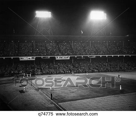 1940S 1947 Baseball Game Ebbets Field Brooklyn New York Players Standing For National Anthem View Large Photo Image Stock Photography - 1940S 1947 Baseball Game Ebbets Field Brooklyn New York Players Standing For National Anthem . Fotosearch