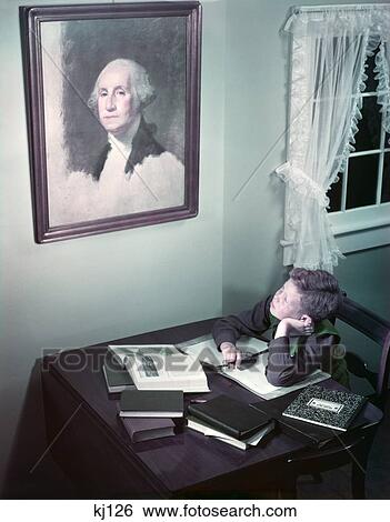 1940S 1950S Boy At Desk Reading Studying Look Up At Painting On Wall Of