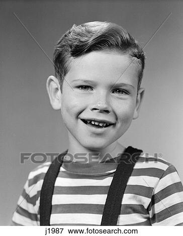 1940S 1950S Smiling Happy Boy Portrait Wear Striped Tee Shirt Suspenders View Large Photo Image Stock Photo - 1940S 1950S Smiling Happy Boy Portrait Wear Striped Tee Shirt Suspenders . Fotosearch