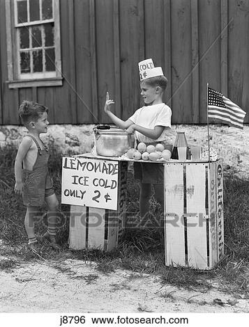 1940S Boy Running Lemonade Stand On Orange Crates Selling To Little Boy View Large Photo Image Stock Photograph - 1940S Boy Running Lemonade Stand On Orange Crates Selling To Little Boy . Fotosearch