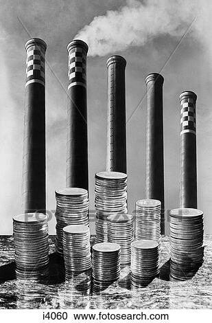 1940S Composite Of 5 Smoke Stacks With Coins Stacked Up In Foreground View Large Photo Image Stock Image - 1940S Composite Of 5 Smoke Stacks With Coins Stacked Up In Foreground . Fotosearch