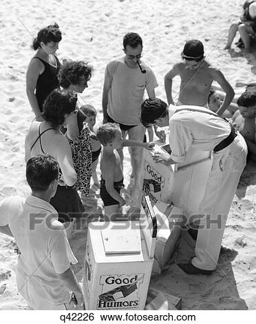 1940S Long Beach Long Island New York Ny Good Humor Ice Cream Vendor Selling To Customers Group View Large Photo Image Stock Photograph - 1940S Long Beach Long Island New York Ny Good Humor Ice Cream Vendor Selling To Customers Group . Fotosearch