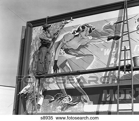 1940S Man On Scaffold Scraping Billboard With Drawing Of Woman Caught In High Wind With Skirt Up View Large Photo Image Stock Photography - 1940S Man On Scaffold Scraping Billboard With Drawing Of Woman Caught In High Wind With Skirt Up . Fotosearch