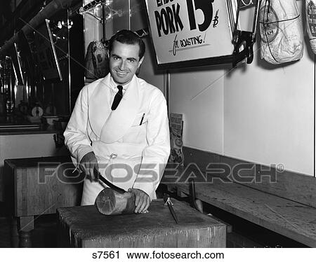 1940S Smiling Man Butcher Slicing Ham Roll Butcher Shop Grocery Store Grocer Pork 15 Cents Per Pound View Large Photo Image Stock Image - 1940S Smiling Man Butcher Slicing Ham Roll Butcher Shop Grocery Store Grocer Pork 15 Cents Per Pound . Fotosearch