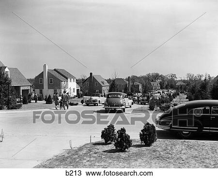 1940S Suburban Street Houses Cars People Community Family Neighborhood 1950S Suburbia Retro View Large Photo Image Stock Image - 1940S Suburban Street Houses Cars People Community Family Neighborhood 1950S Suburbia Retro . Fotosearch