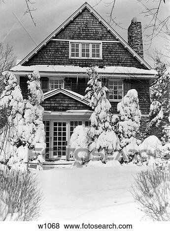 1940S Three Story House With Pine Trees And Shrubs Covered With Snow View Large Photo Image Stock Photo - 1940S Three Story House With Pine Trees And Shrubs Covered With Snow . Fotosearch