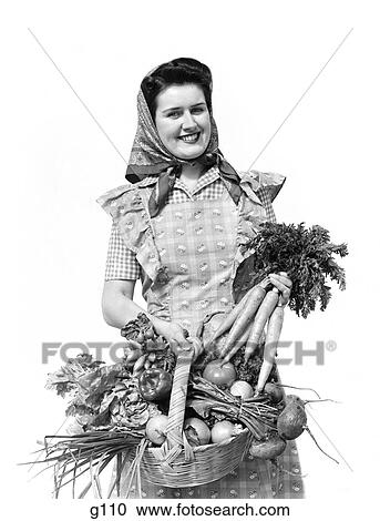 1940S Woman Portrait At Camera Carrying Basket Full Of Garden Vegetables View Large Photo Image Stock Image - 1940S Woman Portrait At Camera Carrying Basket Full Of Garden Vegetables . Fotosearch