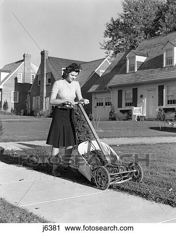1940S Young Woman Teen Mowing Grass Pushing Lawnmower Front Of Suburban House View Large Photo Image Stock Image - 1940S Young Woman Teen Mowing Grass Pushing Lawnmower Front Of Suburban House . Fotosearch