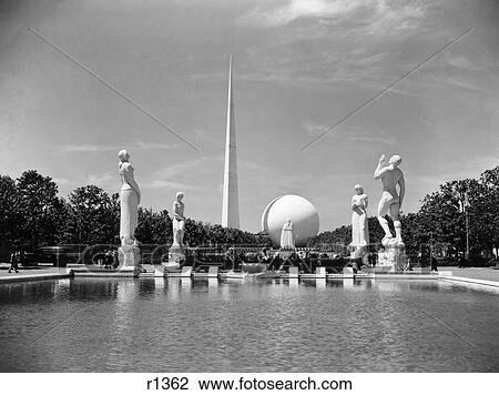 Constitution Mall At The 1939 World'S Fair In New York Pond Surrounded By Statues With Sphere And Tower Obelisk In Rear Art Deco View Large Photo Image Stock Image - Constitution Mall At The 1939 World'S Fair In New York Pond Surrounded By Statues With Sphere And Tower Obelisk In Rear Art Deco. Fotosearch