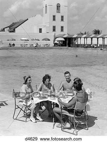 Stock Photograph of 1930 1930S Group 5 Men Women Dining Pool Poolside ...