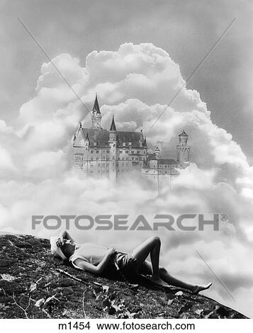 Montage Of 1940S Woman Dreaming Of Castle Neuschwanstein In Clouds View Large Photo Image Picture - Montage Of 1940S Woman Dreaming Of Castle Neuschwanstein In Clouds . Fotosearch
